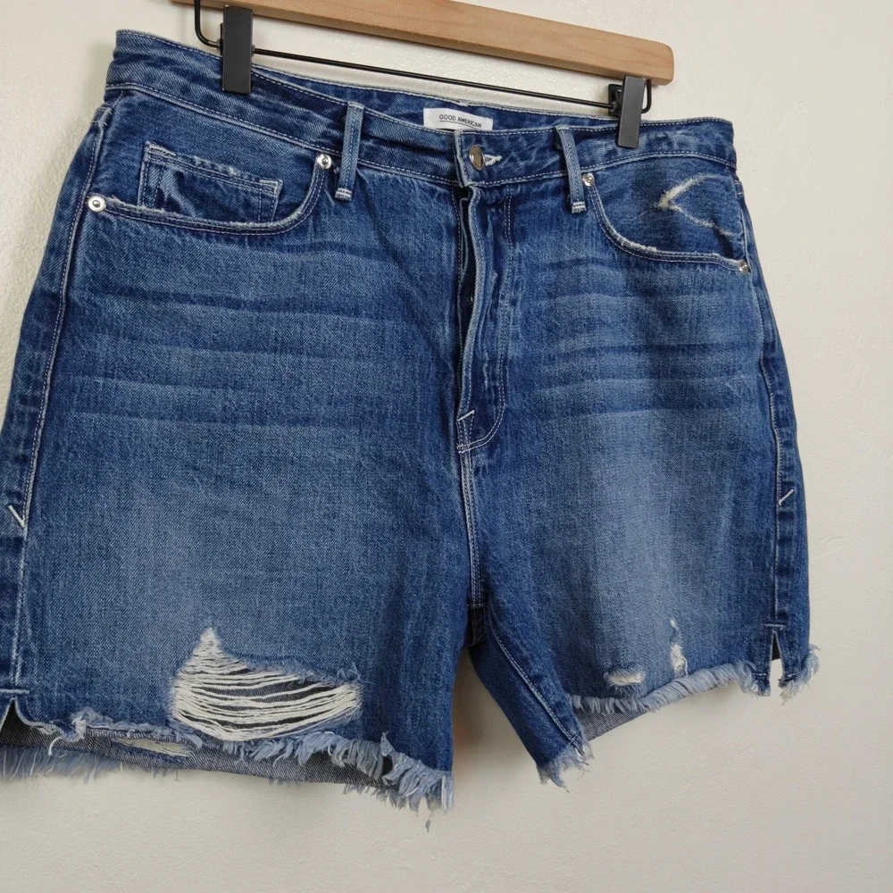 Good American Womens Shorts 10/30 Blue Distressed Frayed Hem High Rise Denim